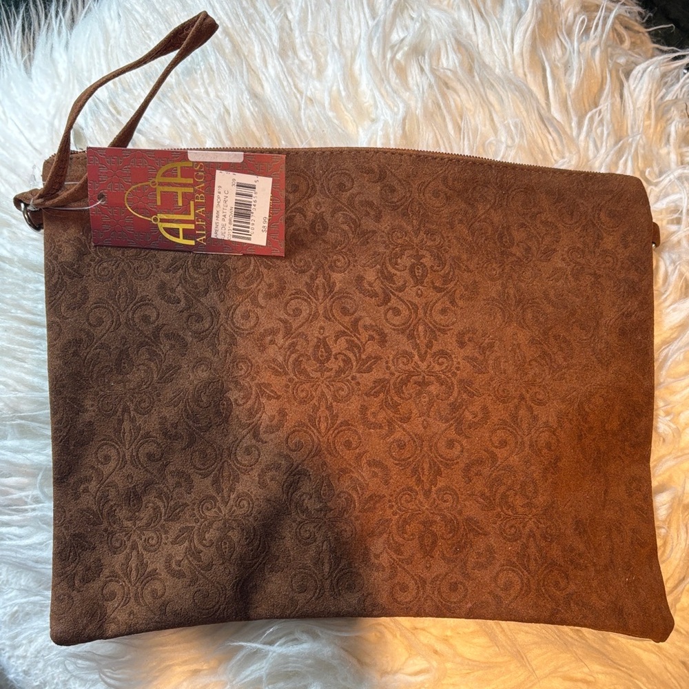 Alfa Brown Embossed Suede Wristlet Clutch with Wrist Strap